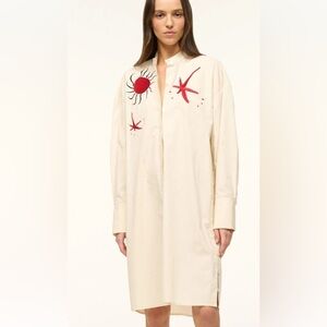 STAUD Cream Shirt Dress with Red Embroidery NWT